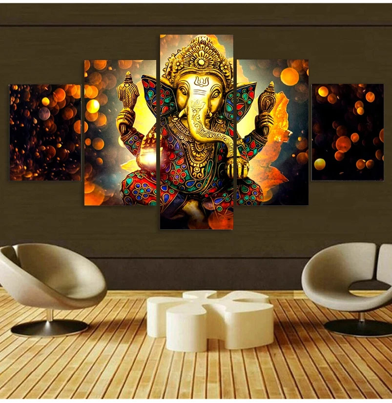 Modern 5-Piece HD Printed Canvas Art Sofa Backdrop Frameless Hindu God Wall Decoration Painting
