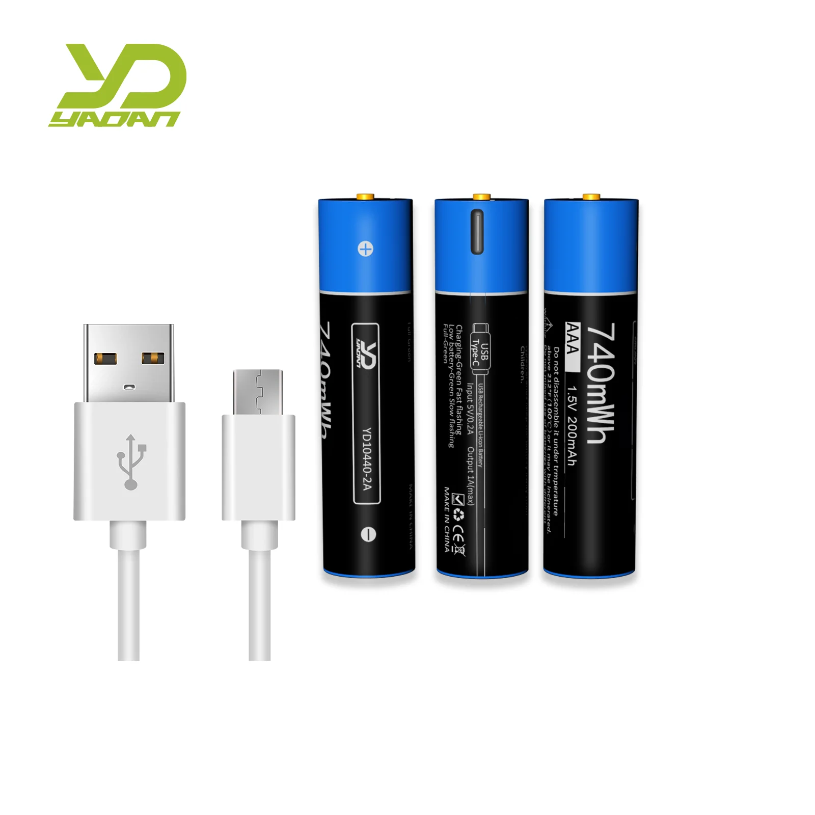 YaDan AAA 10440 1.5V 3.7V 740mWh Li-Ion Battery Torch Light Type-C USB Recharge AAA Battery With Charger