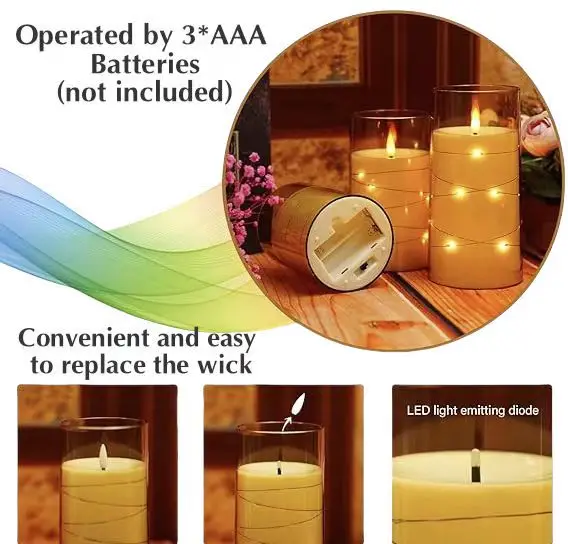 Wholesale Gold Acrylic set of 3 3d real flame battery operated led plastic flameless candle with embedded star string light