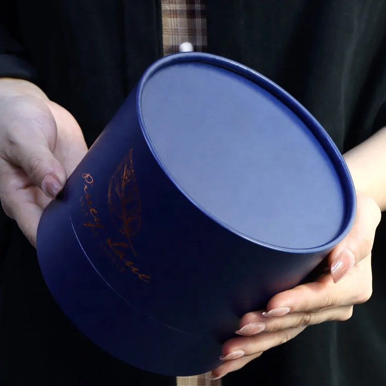 Luxury customized round shaped blue cardboard elegant square ceramic candle jar paper tube box with lid packaging