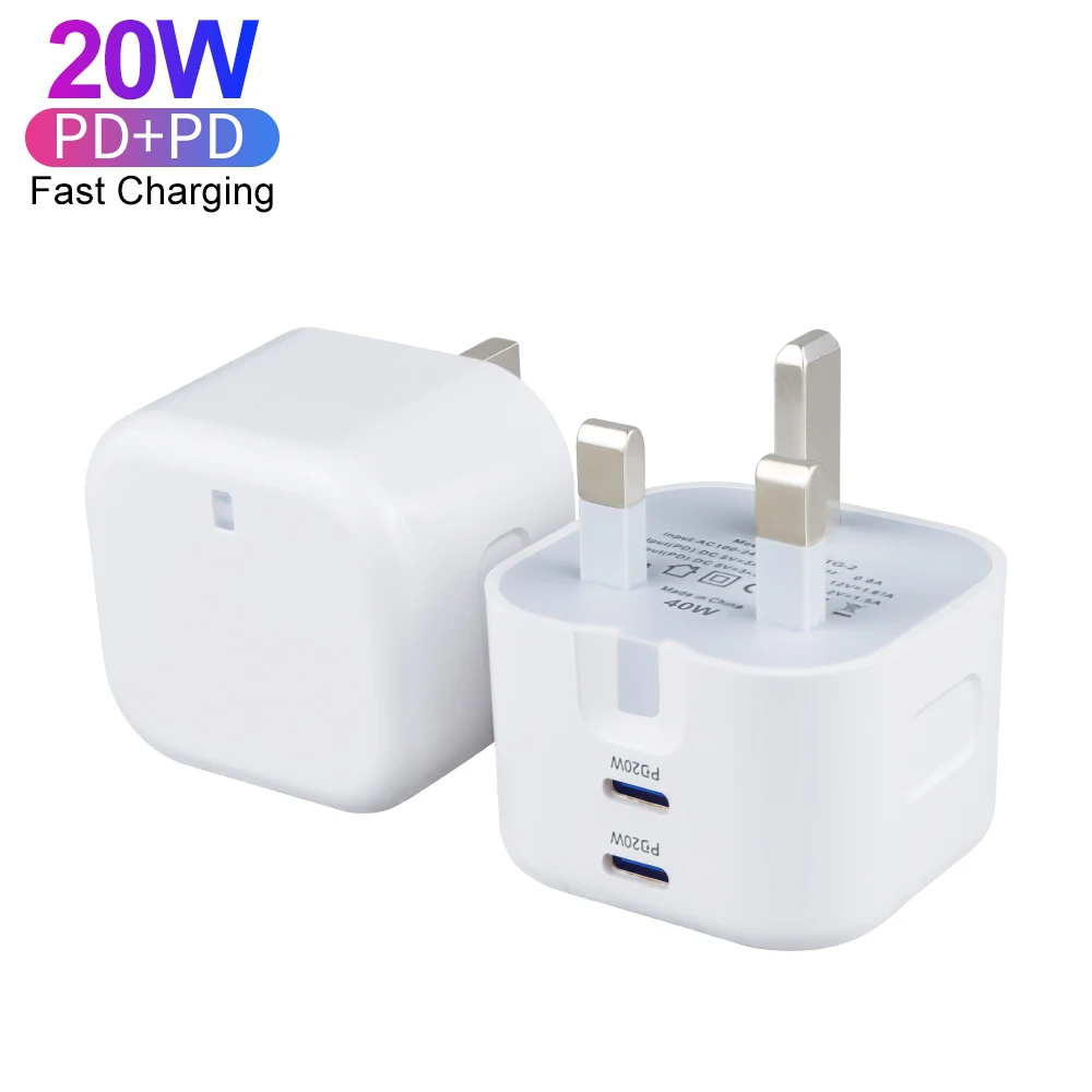 Charger UK Dual 20W USB C Port PD Fast Charger Type C Foldable Wall Charger UK Plug for iPhone 15 14 13 Pro Max