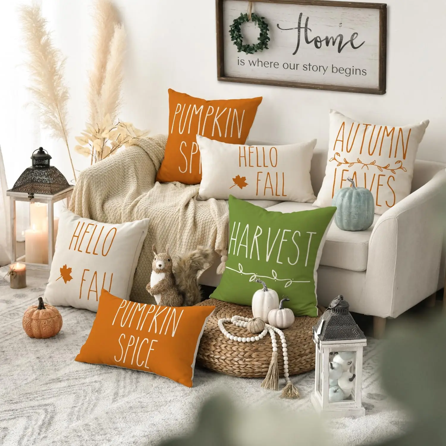 Customized Size  4 PCS of 18 x 18 Inch Hello Fall Harvest Pumpkin Spice Thanksgiving Throw Pillow Covers Set for Bed Room Decor