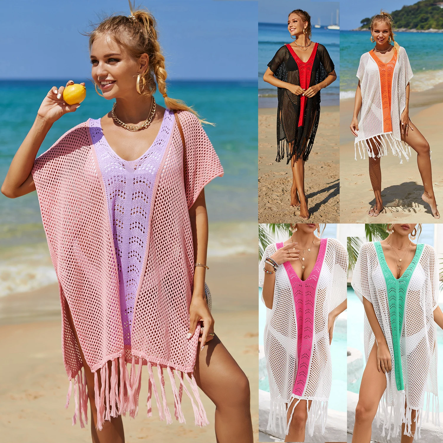 2023 summer new beach blouse hollowed-out knitted fringe holiday bikini blouse crochet top