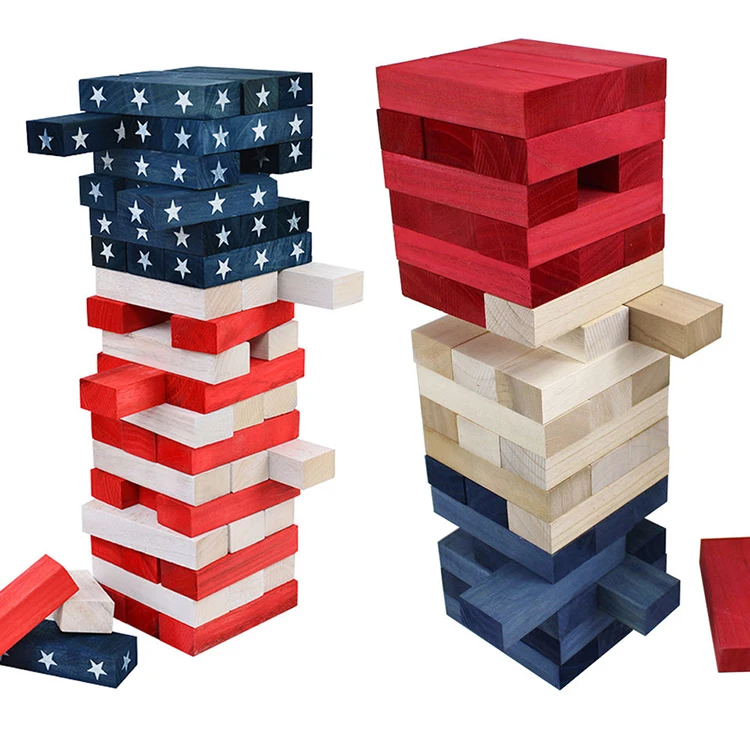 54 PCS Pine Wooden Stacking Timber Game American Flag Giant Tumble Tower Blocks Indoor Outdoor Stacking Yard Game for Kids