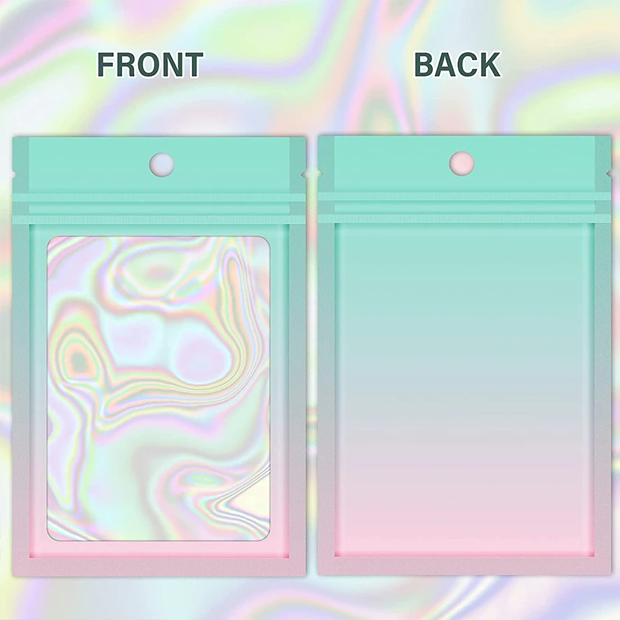 100pcs Gradient Green Pink Holographic Ziplock Pouch PS Flat Self Seal Mylar Bag with Clear Front Window Aluminum Foil Pouch