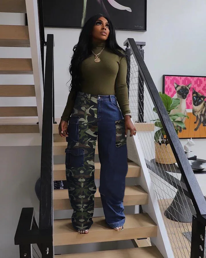 2024C301 Spring Denim Pants Washed Camo Patchwork Cargo Jeans With Pockets For Women Casual Jean Good Quality Jeans