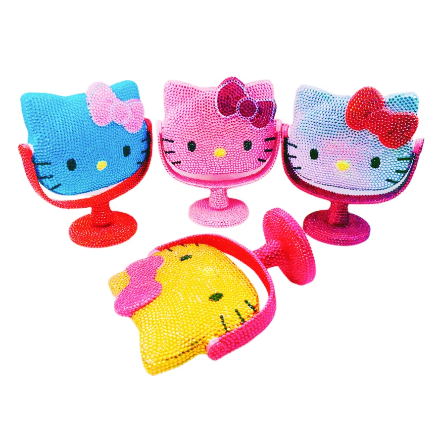 Cartoon 3D Lovely Bling Hello Kt Mirror Espejo De Maquillaje Plastic Diamond DIY Makeup Mirror Girly Princess Kitty Cat Mirror