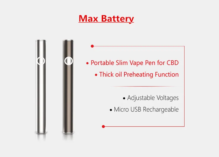 
510 Thread USB Rechargeable CBD Cartridge Vape Pen Battery 380mAh Vaporizer Battery 
