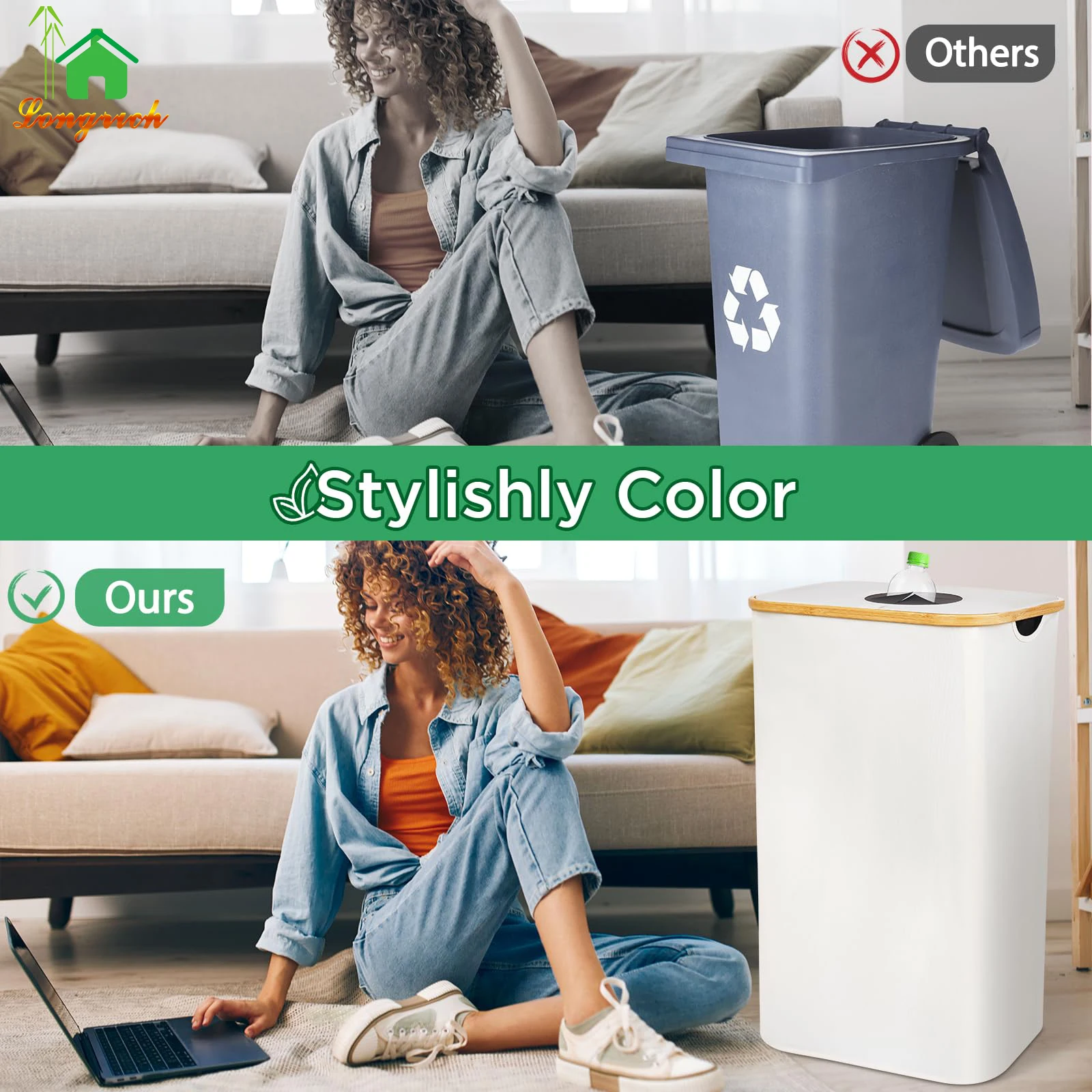 100L Deposit Bottle Storage  Bamboo Black Kitchen Recycling Bin Bottle Collection Container with Lid Removeable Inner Bag