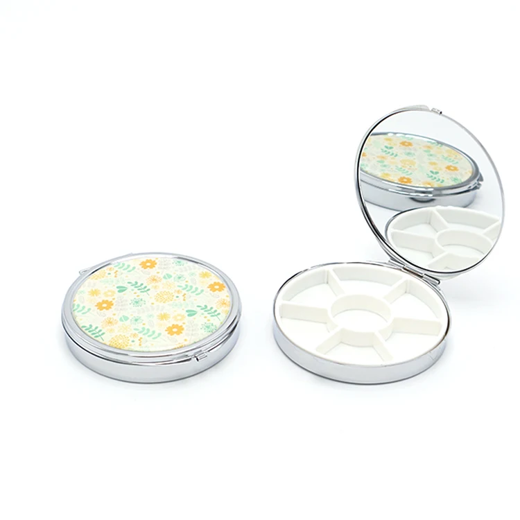 Customized Logo customized designs round shape MOQ free Storage Metal Folding pill case mini mirror