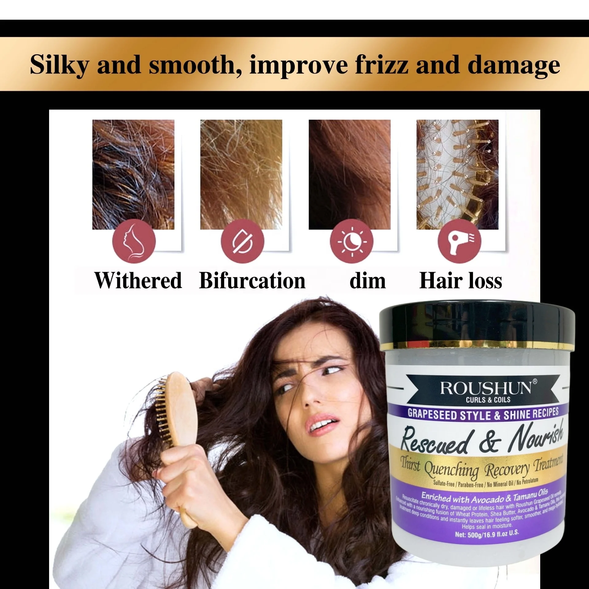 Roushun Curls&coils Grapeseed Style&shine Recipes Thirst Quenching Recovery HairTreament 500g