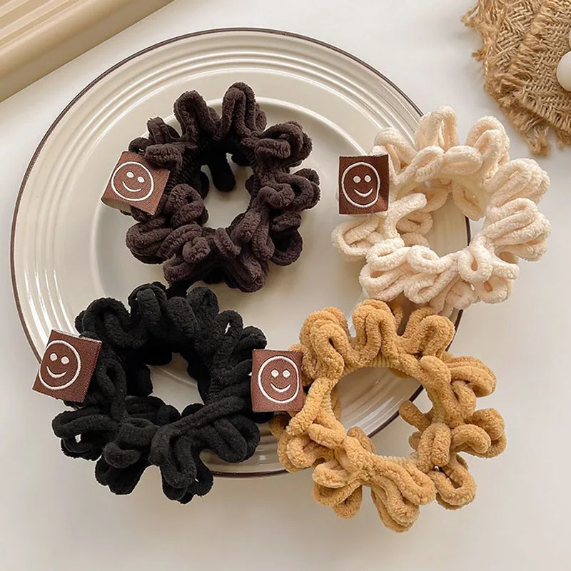 Retro Plush Smiley Hair Ring Autumn and Winter Hair Rope High Ponytail Holder Scrunchies Elastic Rubber Band Hair Accessories