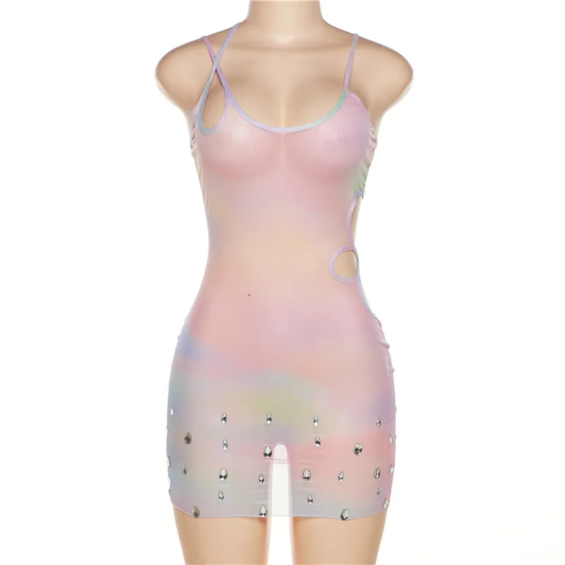 Gradient Mesh See Through Mini Dress Women Sexy Hollow Out Sleeveless Rhinestones Skinny Hip Skirt Party Clubwear Vestido
