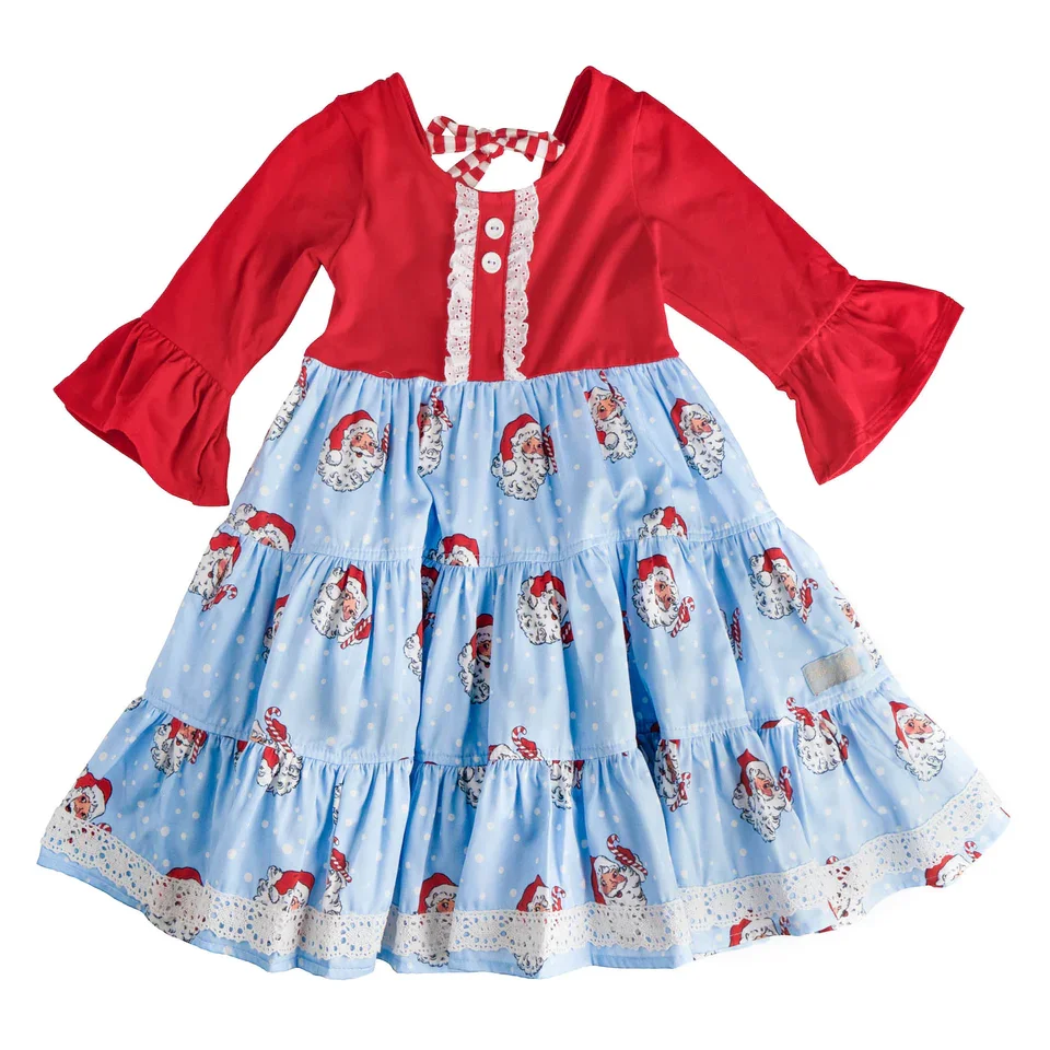 Newly Arrival Toddler Girl Winter Christmas Santa Clause Print Ruffle Dresses Adorable Girls Boutique New Year Dress