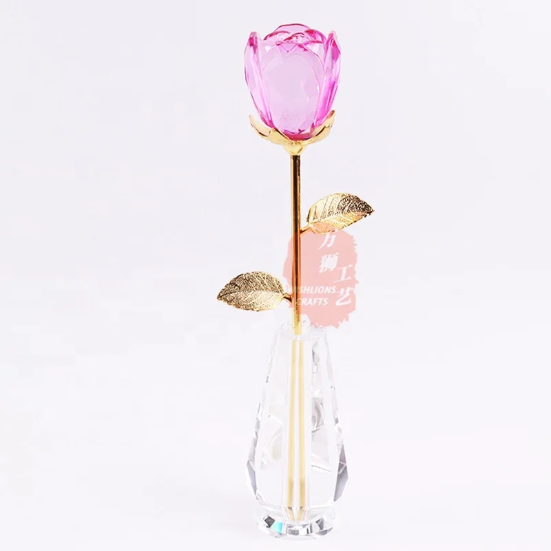 Factory Price Gold Crystal Glass Rose Pink Elegant Crystal Rose Gifts Color Glass Flower Decoration For Living Room CWG-99H300