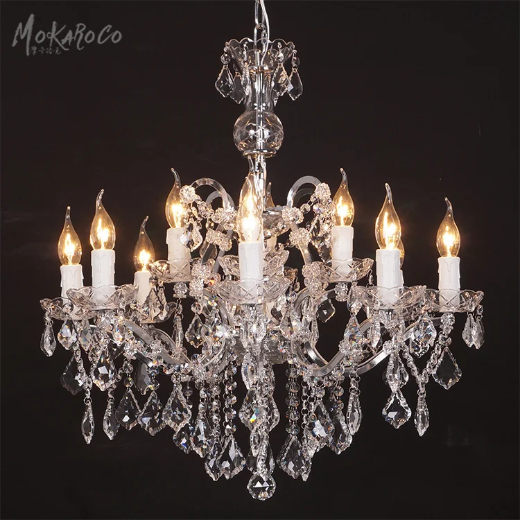 19th C. Rococo Iron Crystal Chandelier Lighting Chrome color silver 12 light crystal droplight