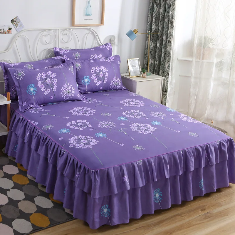 Bed Skirts Set Double Layer Bedspread Floral Printed Bed sheet Bilateral Bed Skirt + 2 Pair Of Pillowcase bedsheets