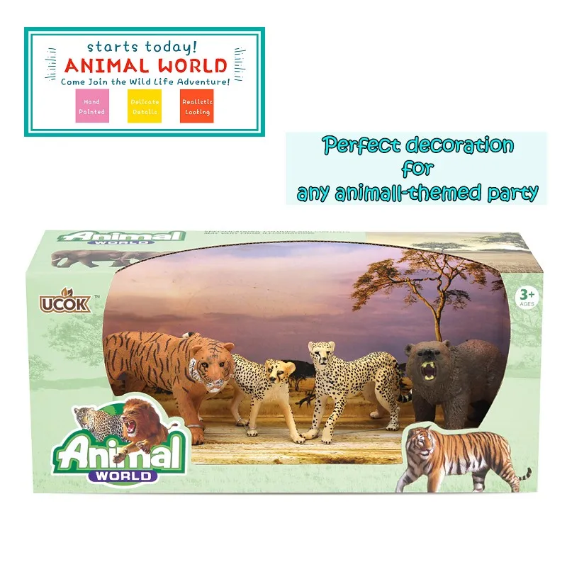 giraffe, Lion, Tiger, Elephant, 4-pieces Animal Figurines in Decorative Box as a Play Scene