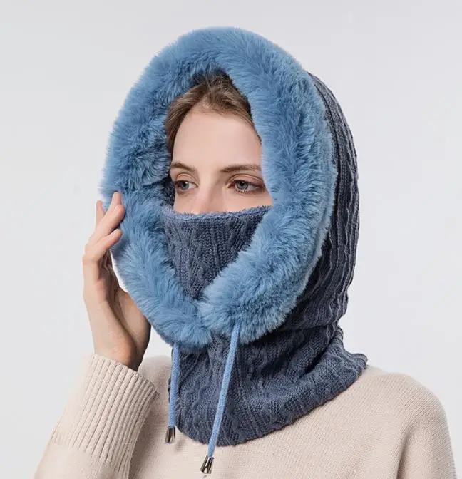 2022 winter woman hooded hats custom chunky thermal fleece balaclava ski hat