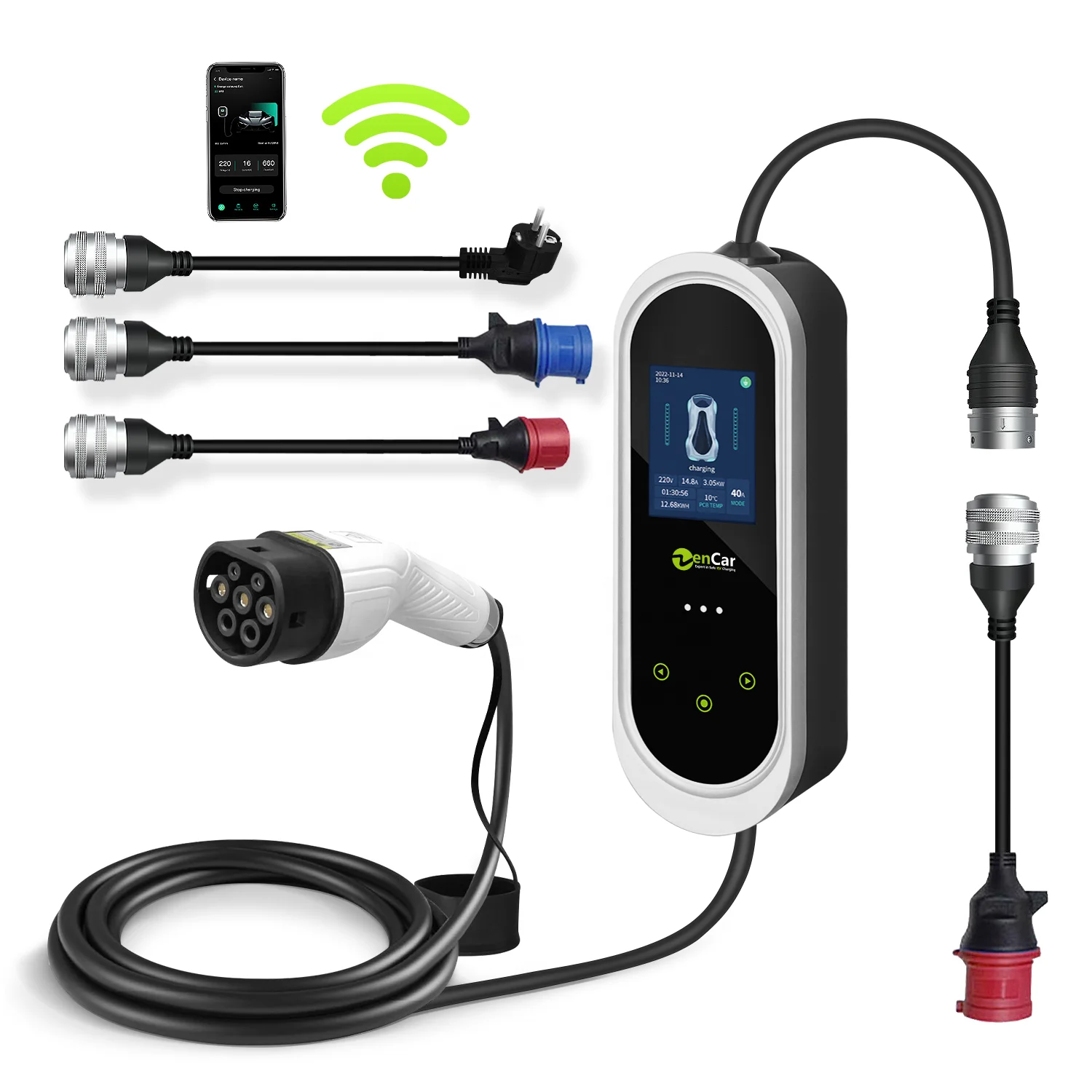 Mobile ev charger 22kw with multiple adapters red cee and schuko Type 2 EVSE 6A-32A with WiFi support APP zencar EPRO Chargers