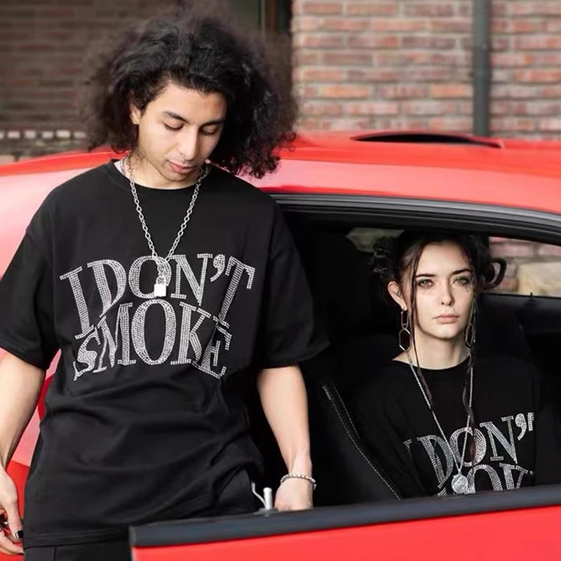 Wholesale Custom Vintage Streetwear Bling Sequins Embroidery Hot Drilling Drop Shoulder Heavyweight t-Shirts