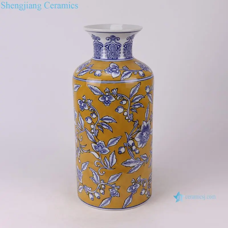 RXCZ-DG103-DG203-DG303 Dark Yellow Glazed blue and white leaf pattern Ceramic straight tube bottle flower vase decoration