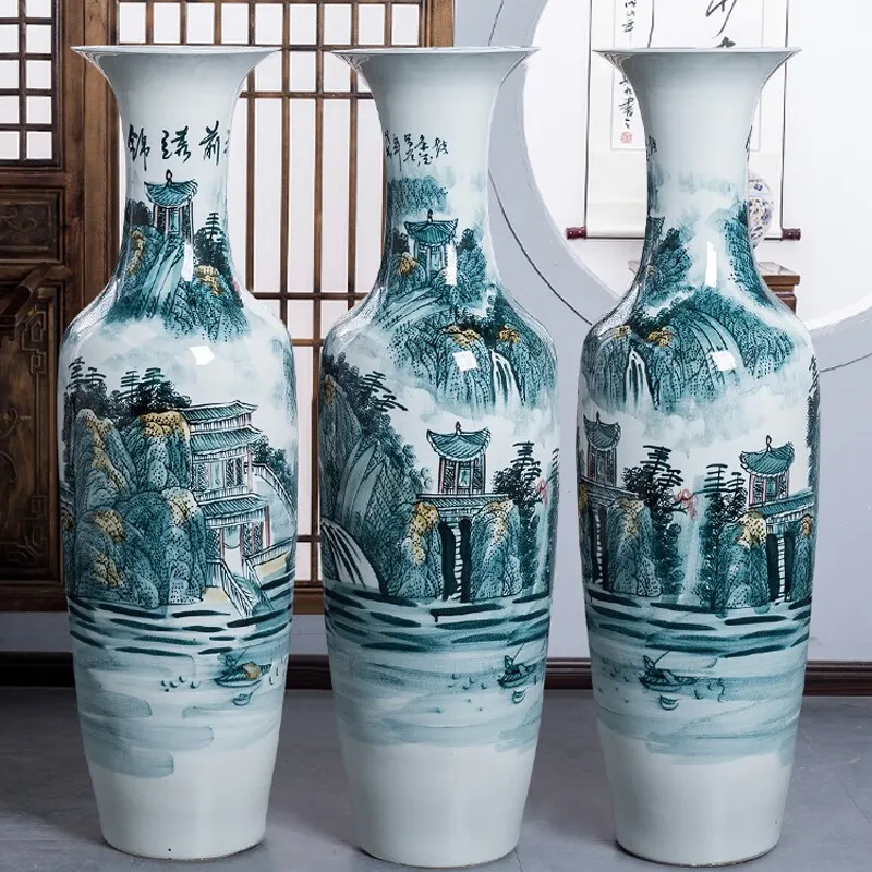 Hand Painted High Quality Green landscape Large Flower Pot Ceramic And Porcelain Floor Big Vase