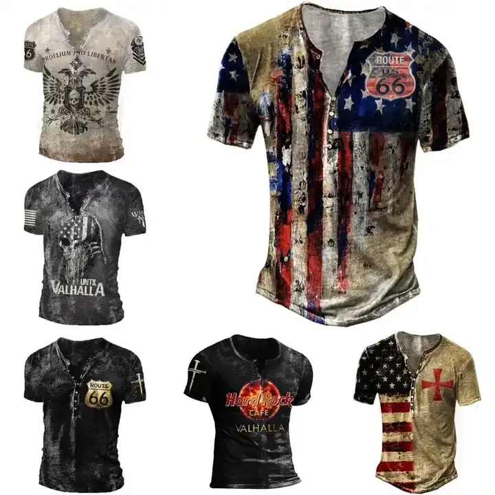 Vintage Button 66 Route V-neck American T Shirt Short Sleeve Gothic T Shirt For Men Oversized Tops Tee Shirt Men Punk Streetwear