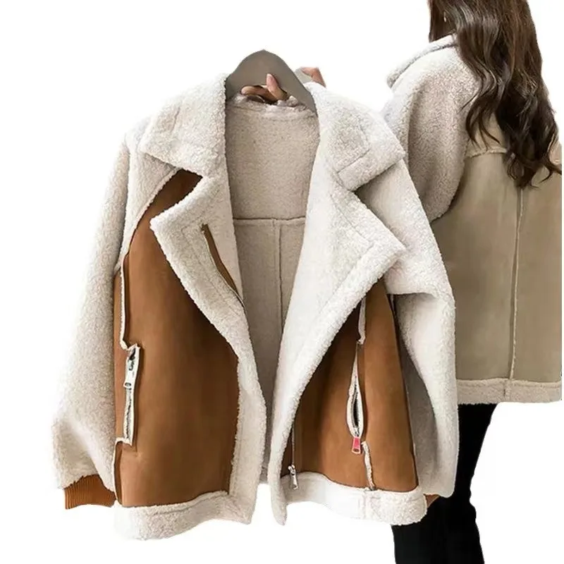 Aviator Jacket Korean Winter Fleece Coat Faux Duffle Fur Fashion Custom Suede Chaqueta Veste for Women Lady Casual Woven