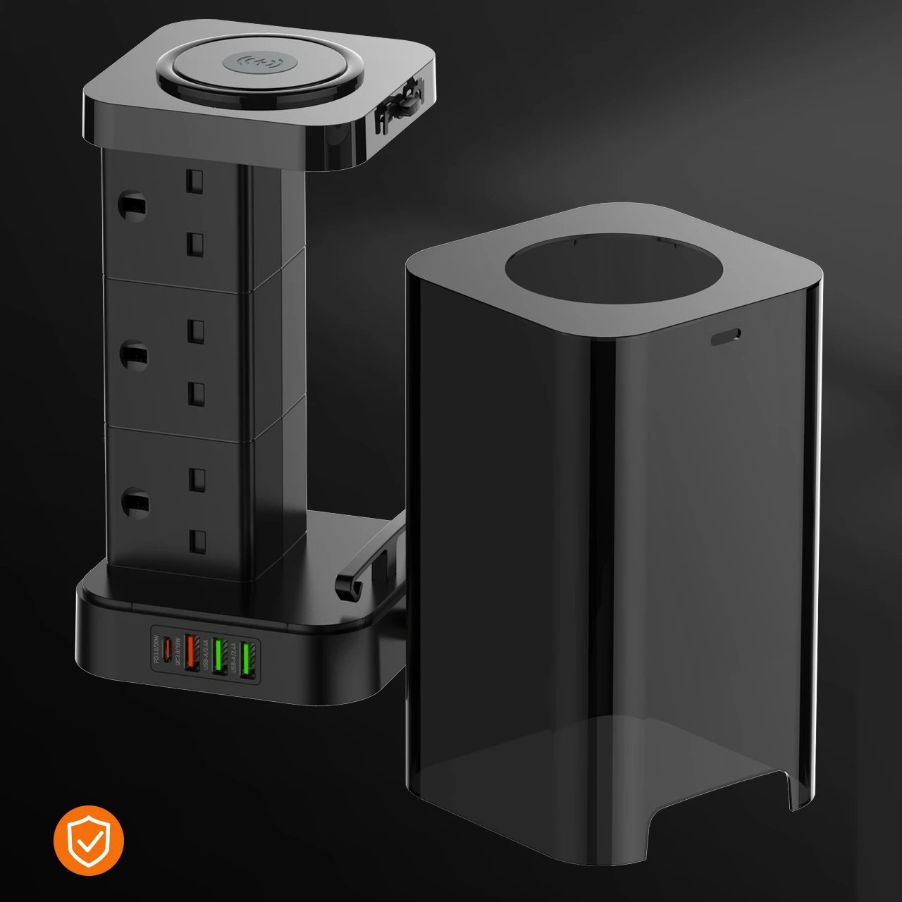 Vertical SKW6457 2500W Tower Extension Power Socket 1PD 30W+1QC3.0+2 AUTO-ID+Wireless 15W Timer Switch