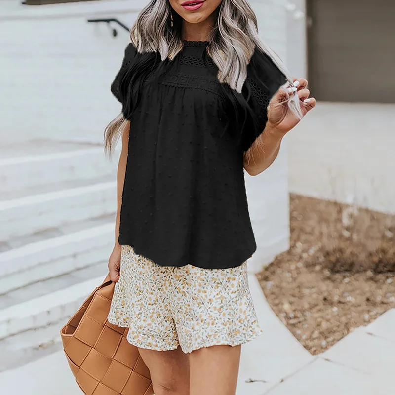 European And American Round Neck Shirt Lace Crochet Pompom Short Sleeve Casual Tops
