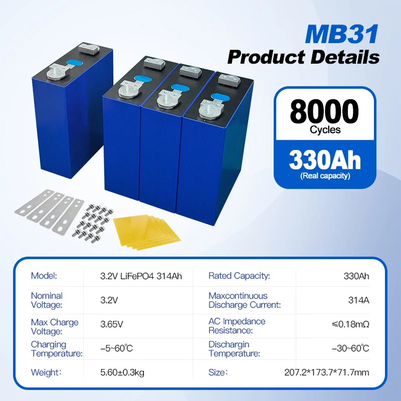 3.2V 314V Prismatic lifepo4 battery cell MB31 330Ah Lifepo4 lithium battery for DIY 48V 51.2V Lifepo4 battery pack