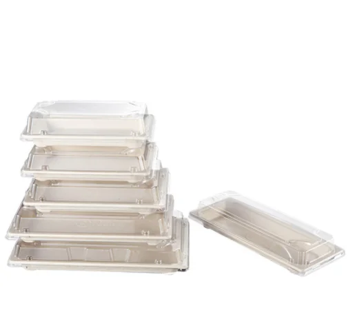 Biodegradable Sugarcane Bagasse Sushi Container Disposable Pulp Products Food Packaging Box With Anti Fog PET Lid