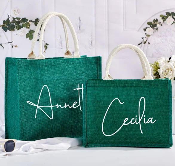 eco green laminated jute bag custom logo Bridesmaid Burlap Tote gift Bags, Bridesmaid Gift Tote Bag, Bachelorette Party Tote