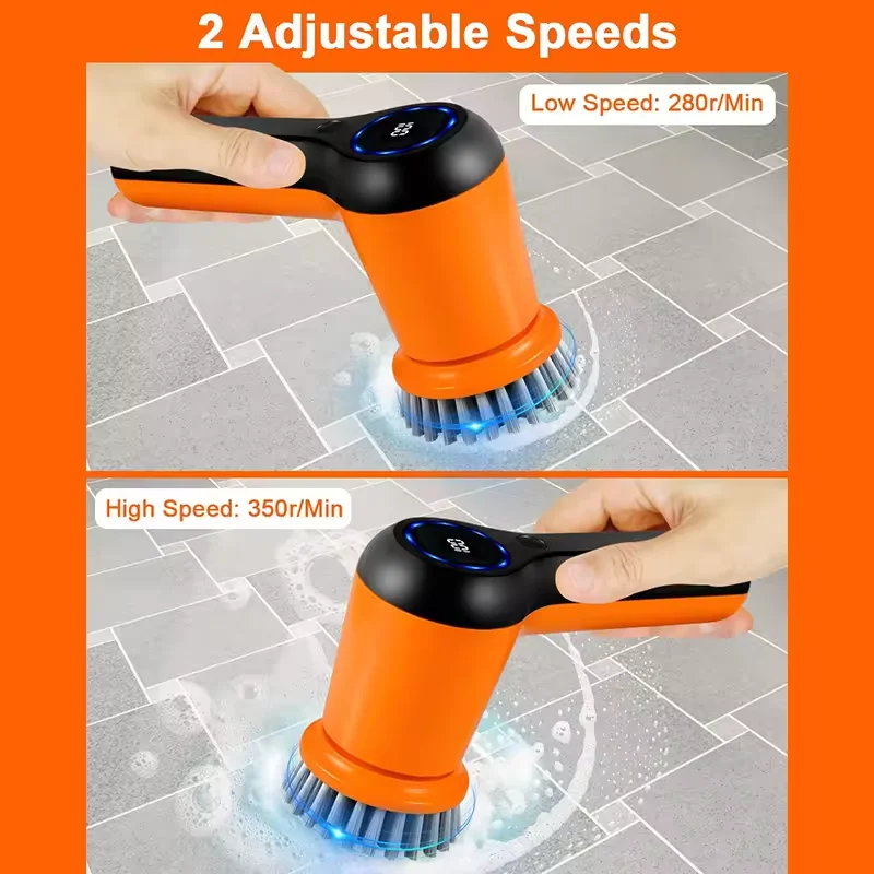 Electric Spin Scrubber Cordless Cleaning Brush with 4 Replaceable Brush Heads 2 Speeds and Battery Level Display Power Scrubber