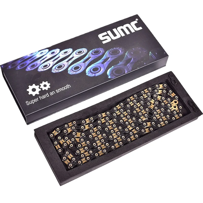 Цепь велосипедная SUMC 12 Скоростей чёрная золотая с волшебной пряжкой