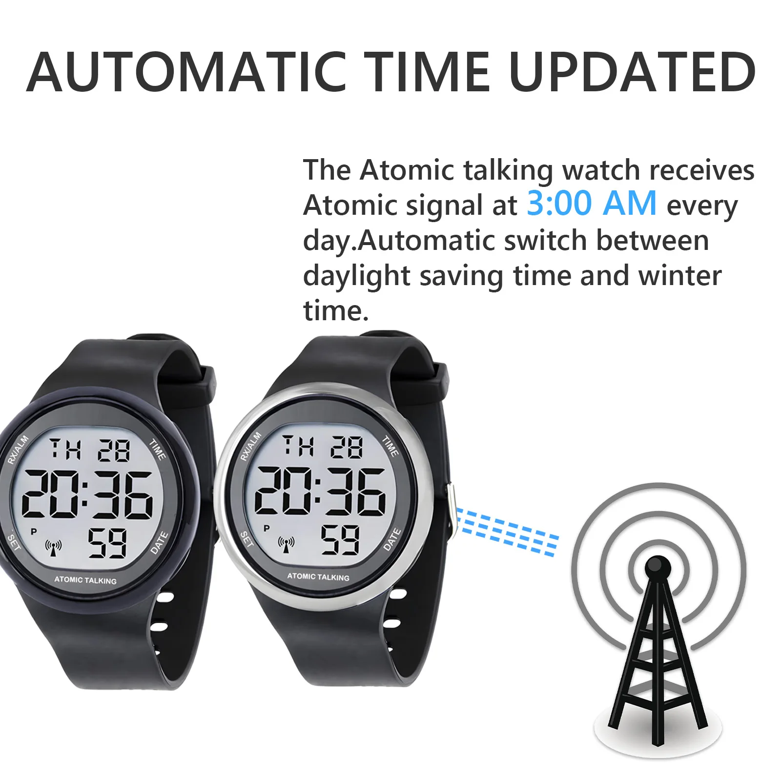 2024 Big LCD Radio Controlled Atomic Talking Digital Watch - Sets Itself Senses Metal Easy-to-Read