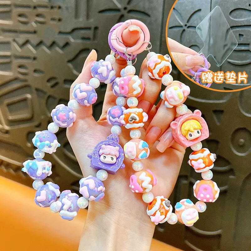 Candy Color Plastic Bead Backpack Bag Pendant Keychain Cute Doll Beaded Phone Wrist Strap Kawaii Bead Mobile Phone Chain