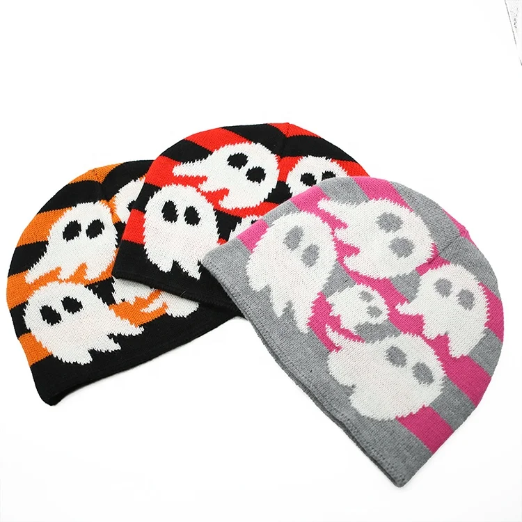Halloween Beanie Skull Hat Ghost Slouchy Beanie No Cuff Jacquard toque for Men Women Warm Winter Knit Beanie Gift