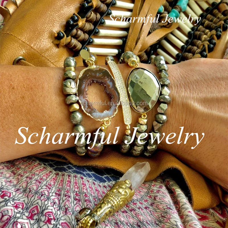 BS219729 Pyrite Druzy Geode Buddha Head Stone Bead Yoga Stretch Bracelet