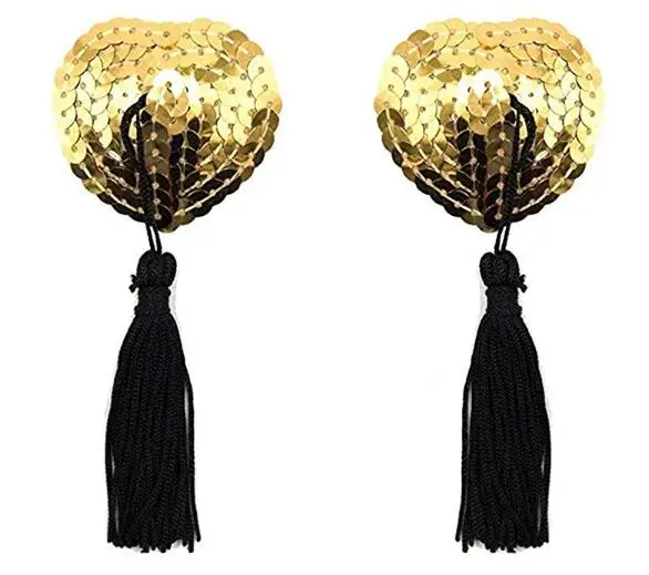 Women Reusable Attractive Black Red White Heart shape Sequin Nipple cover with Tassel Sexy Nipple pasties