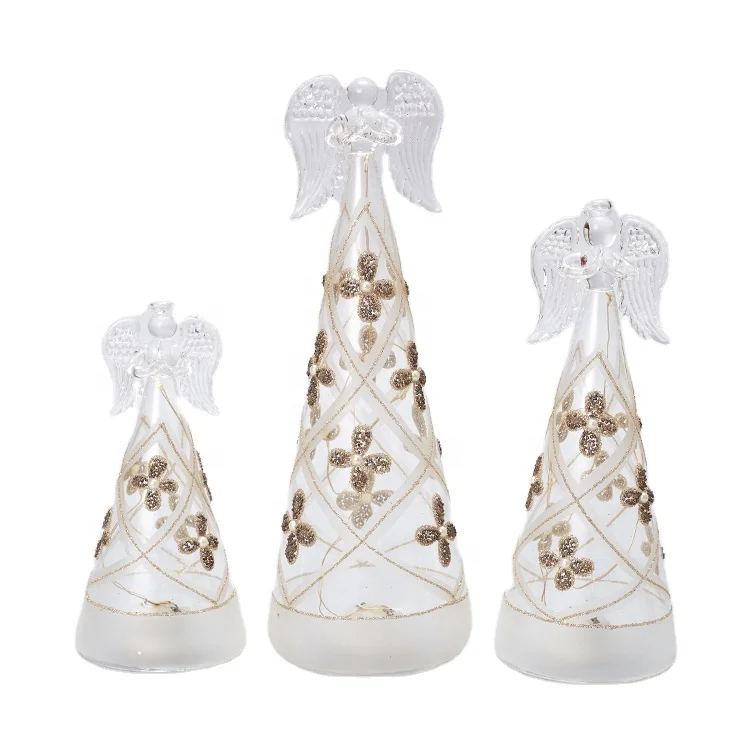 Transparent Clear Glass Angel Figurines with LED Light Home Decor Glass Ornament