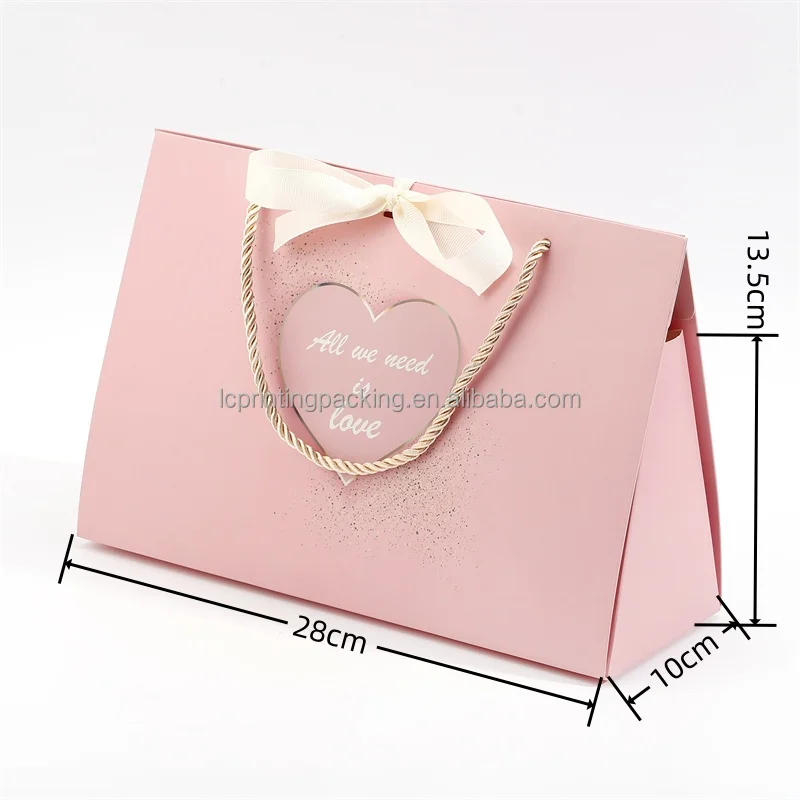 Luxury ribbon closure collapsible shopping paper bag pink wedding gift bags for guest favor 2024 new design
