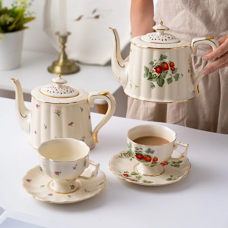 Floral Printed Tea Cups and Saucers Gold Rim Tea Pot and Cup