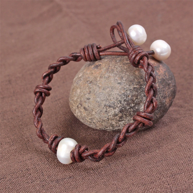 Hot selling unisex style handmade adjustable bracelet leather natural freshwater pearl woven bracelet