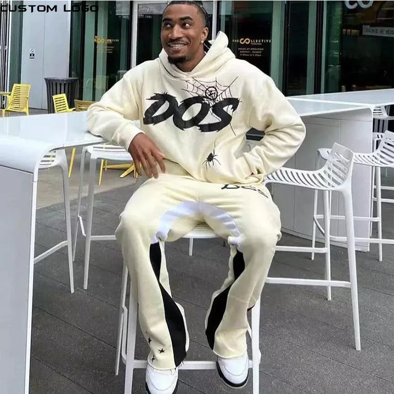 OEM Cotton Print Cut Raw Hem Edge Hoodie Patchwork Pant Men Tracksuit Heavyweight Stacked Flared Mens Two Pieces Jogger Sets