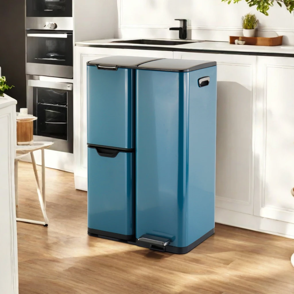 60 Liter Rectangular Trash Separation Bin Stainless Steel Pedal Bin Kitchen Trash Can For Selective Sorting and Recycling
