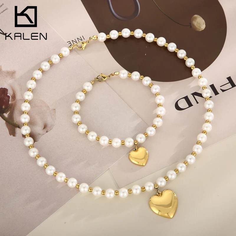 Kalen Elegant Heart Stainless Steel Bracelet Necklace Temperament Imitation Pearl Jewelry Set