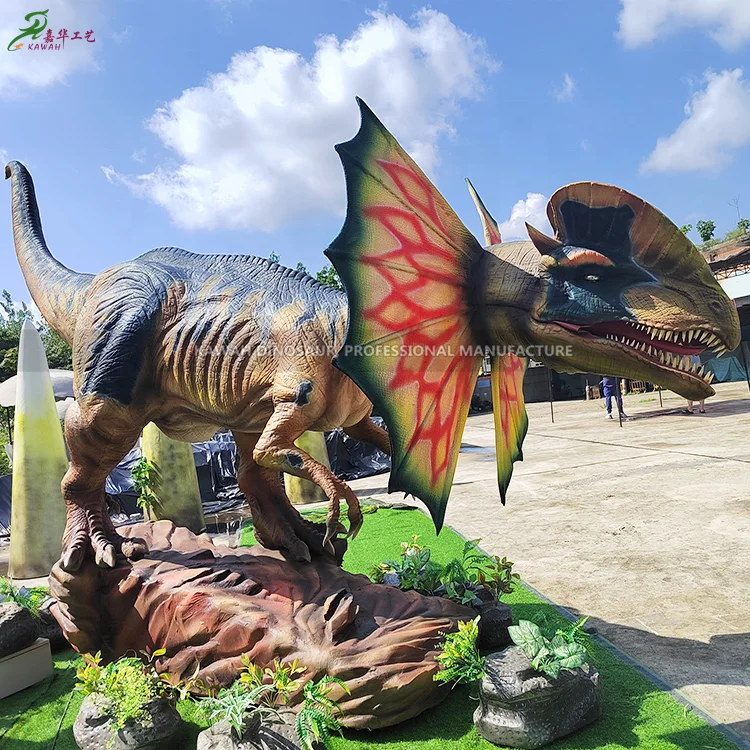 Realistic Dinosaur Animatronic Dilophosaurus 6 Meters Long Standing Up Movements Factory Sale