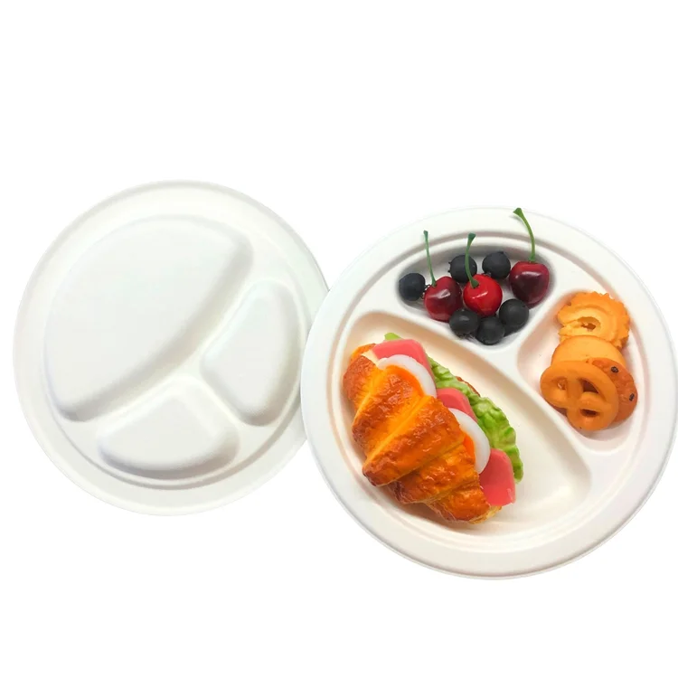 Eco Friendly Microwavable Dish for Restaurant Biodegradable Sugarcane Pulp Round Food 8inch Patterned tray disposable plates